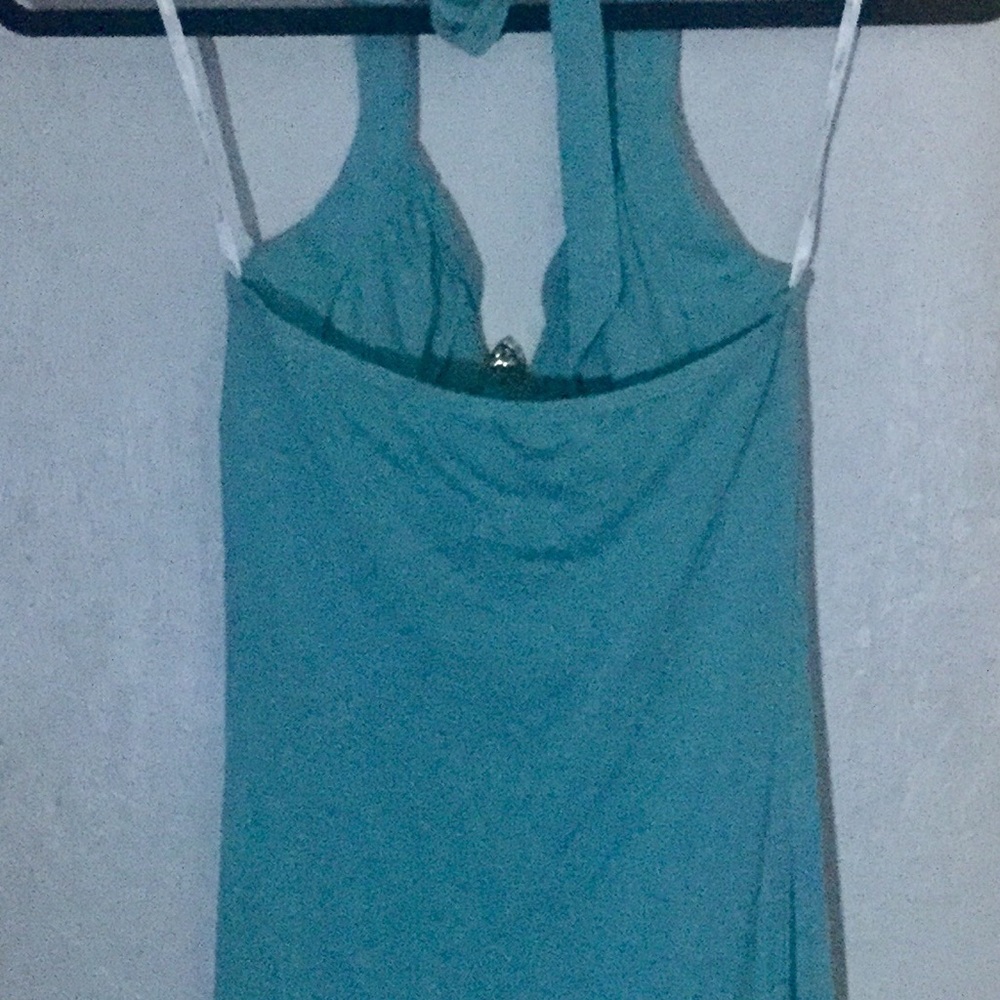 Y2K Designer Sky brand romantic sky blue crystal fleurdelis halterdress- XS/0-2 - Picture 5 of 8